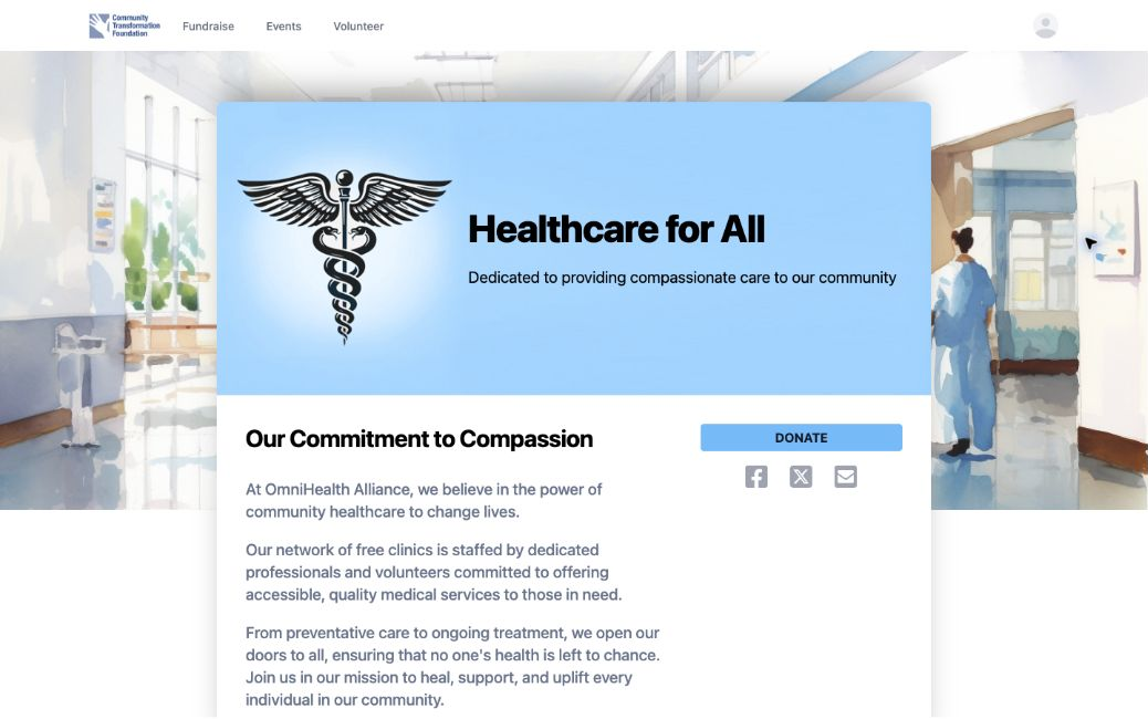A published donor-facing healthcare campaign page with campaign story, social sharing controls, and a prominent Donate call to action.
