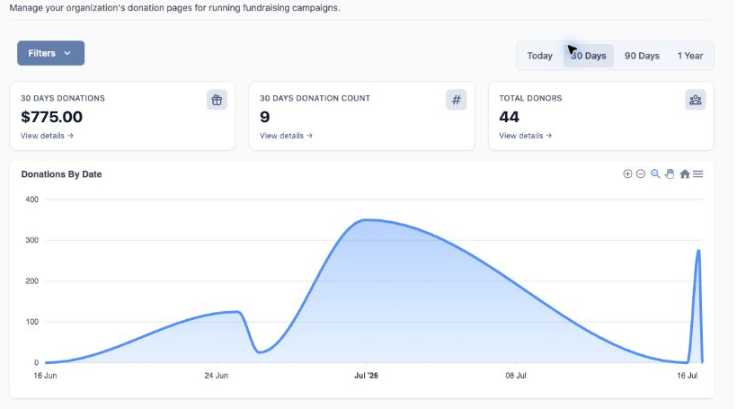 Ignite Fundraising performance view showing 30-day donation amount, donation count, total donors, and donation activity over time.