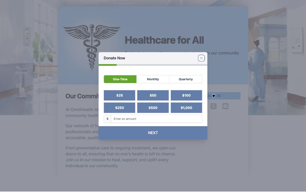 A donation selector offering one-time, monthly, and quarterly giving with six suggested gift amounts and a custom amount field.