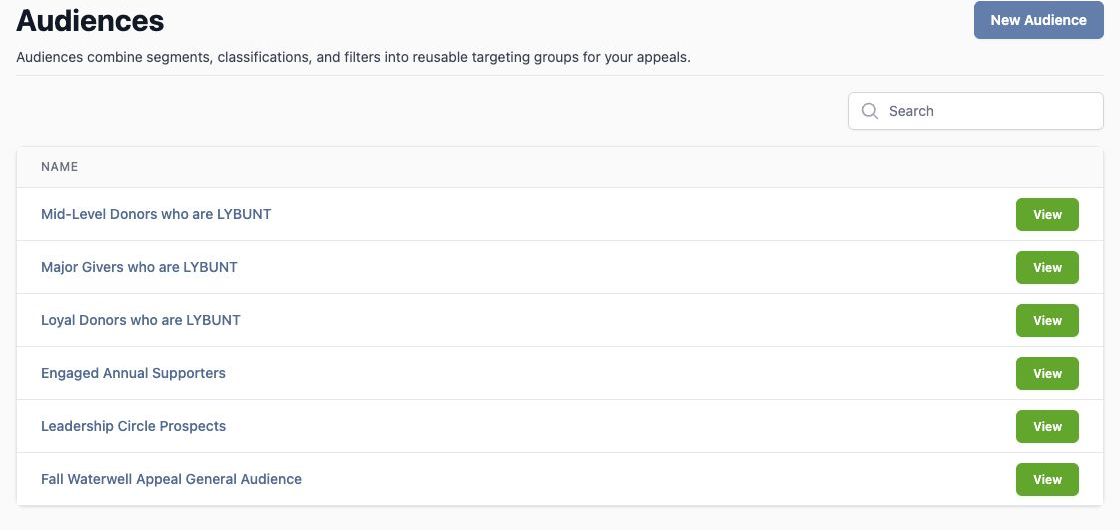 Ignite Marketing audiences list showing reusable named targeting groups for appeals.